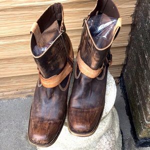 Bed|Stu Mexico Made Brown Distressed Leather Ankle Boots Side Zip Western Style